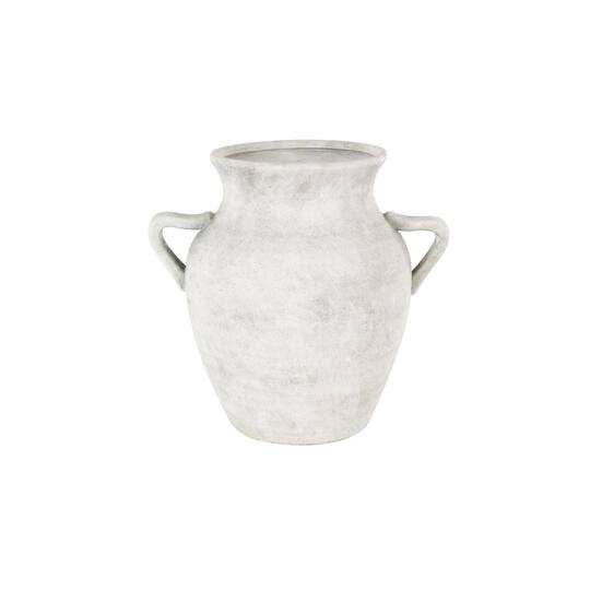 13" White Ceramic Antique Style Textured Vase with Black Shadings & Handles